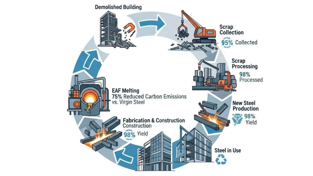 Steel circular economy showing recycling process from demolition to new construction with EPD tracking