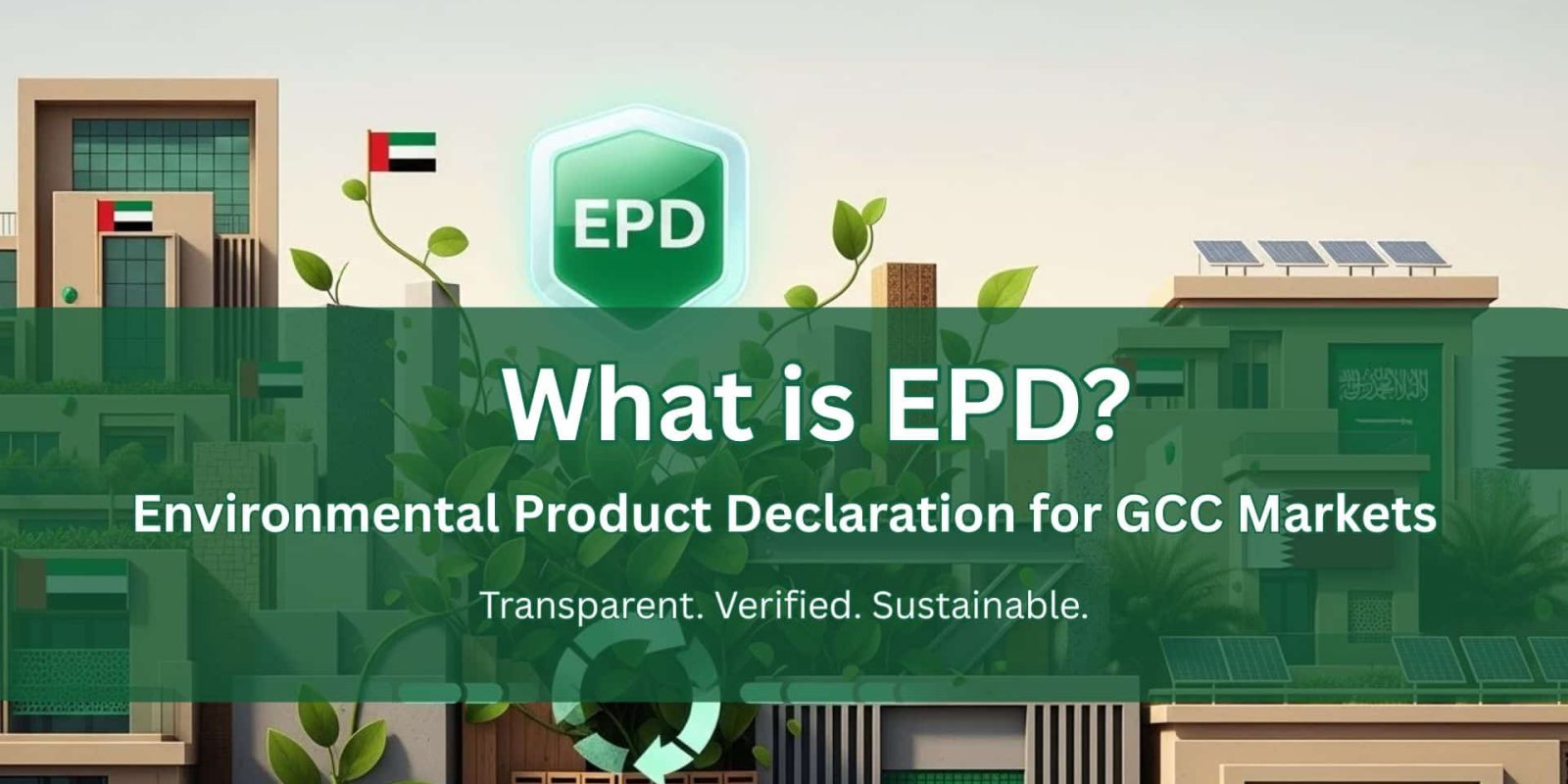 What is EPD - Environmental Product Declaration banner featuring sustainable architecture, life cycle assessment visualization, and GCC green building certification standards